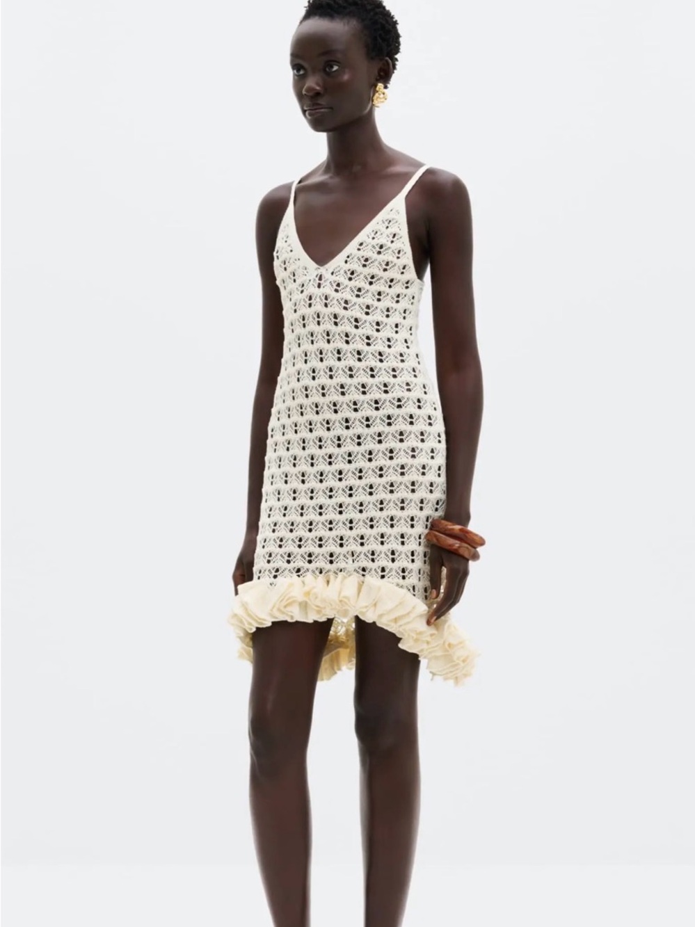 By Malina Cream Crochet V-Neck Slip Dress with Ruffle Hem size XS NWT